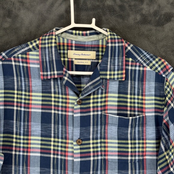 Tommy Bahama Mens M Silk Plaid Short Sleeve Button Up Shirt Original Fit Blue - Picture 2 of 11